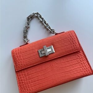 Gedebe Mini Sophie Coral Croc-Embossed Satchel with Crystal Chain Handle